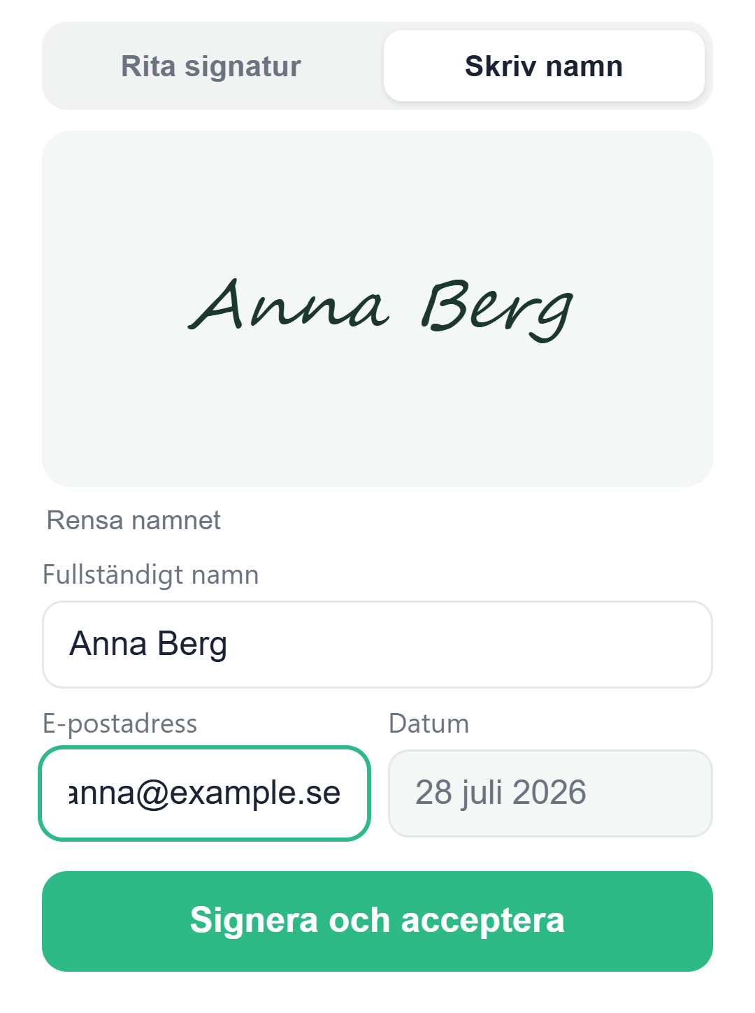 Närbild på signeringen: kunden skriver sin namnteckning i mobilen