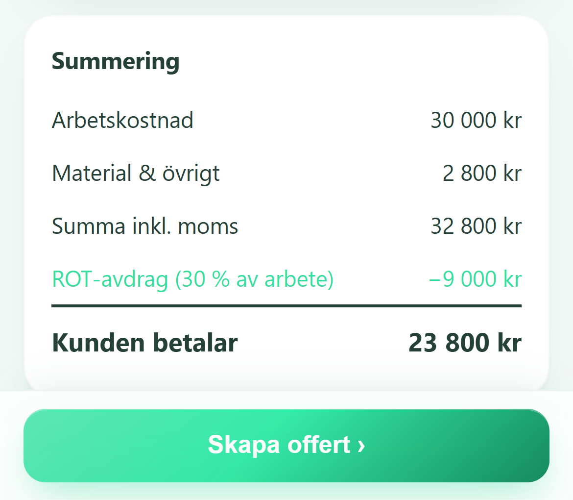 Närbild ur appen: summeringen med automatiskt ROT-avdrag och vad kunden betalar